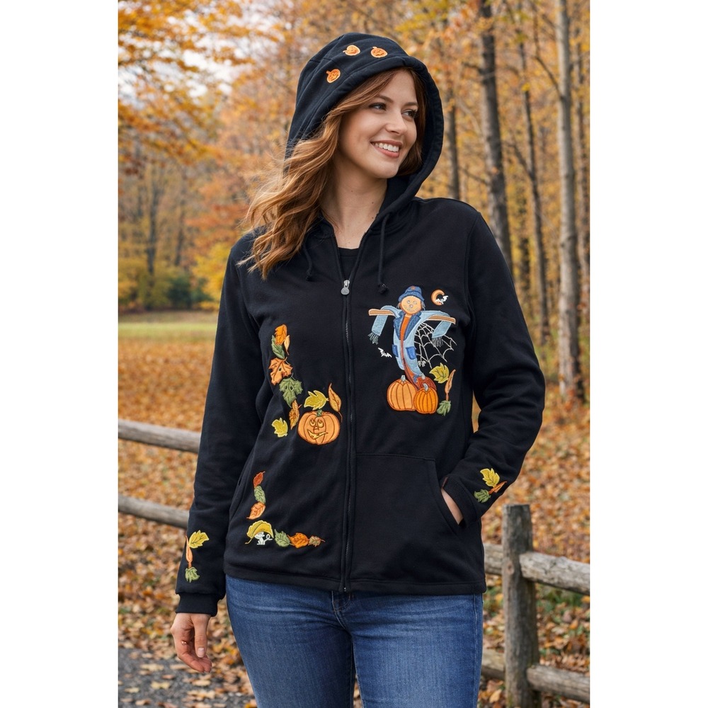 Karen Scott Sport Halloween Scarecrow‎ Pumpkin Embroidered Zip Up Hoodie Black S